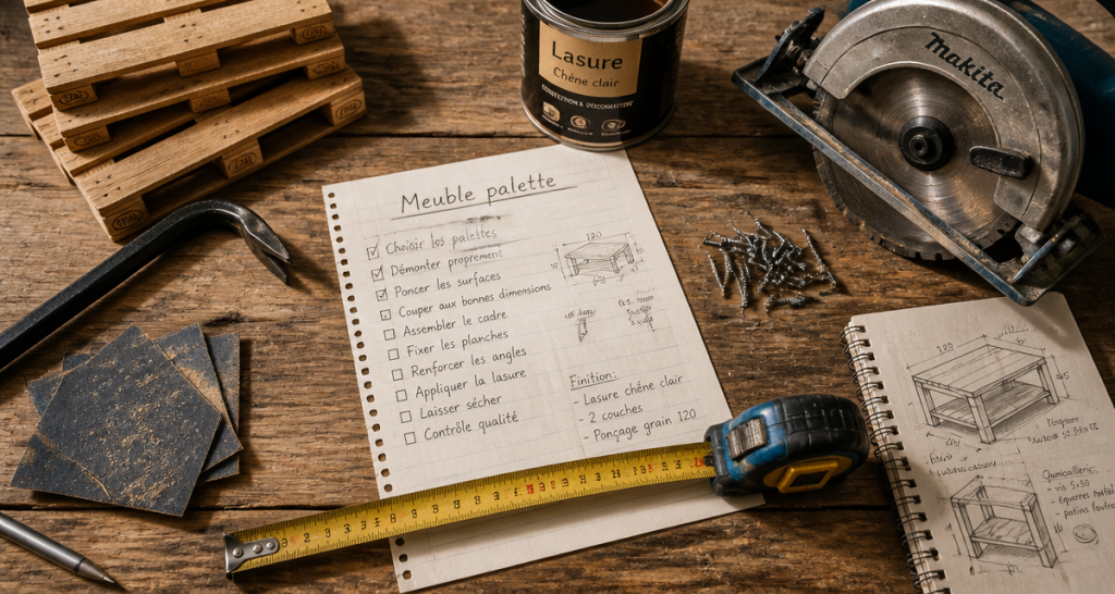 Fabriquer meuble palette, outils sur table atelier