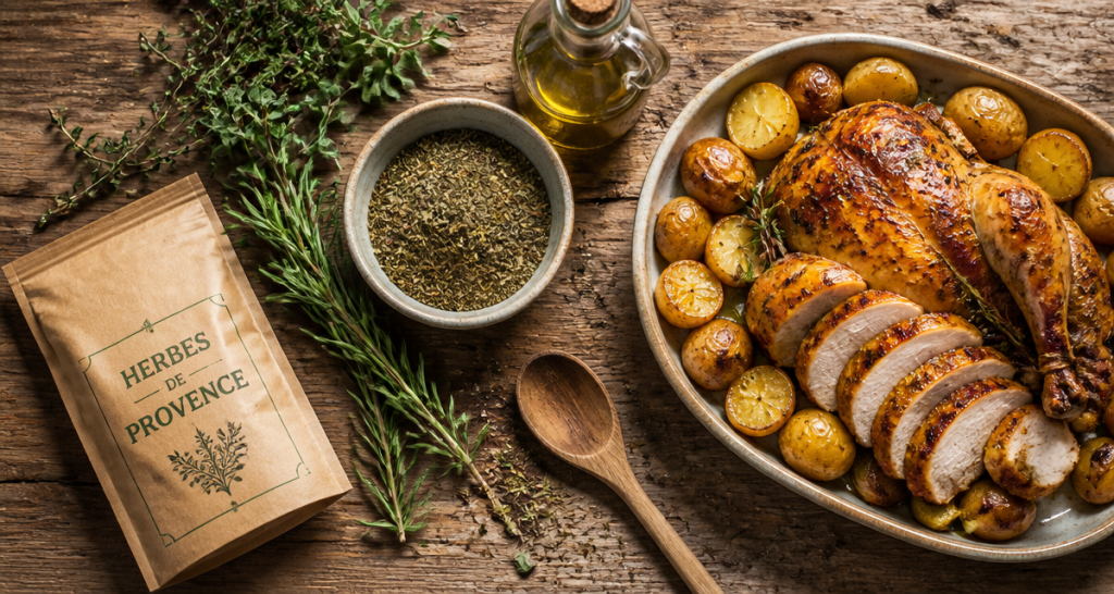 Herbes de Provence, bol, poulet, pommes de terre