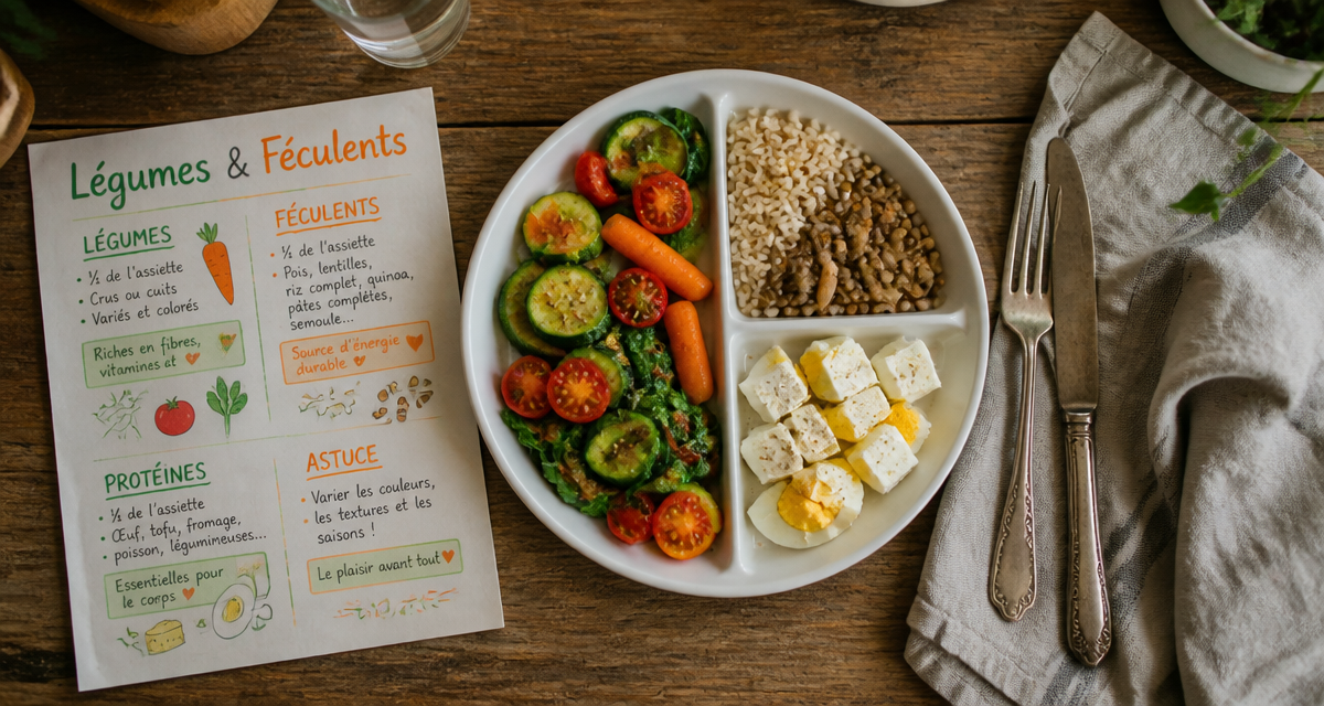 Liste des legumes et feculents sur une assiette équilibrée