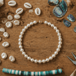 perle coquillage, collier et outils sur table