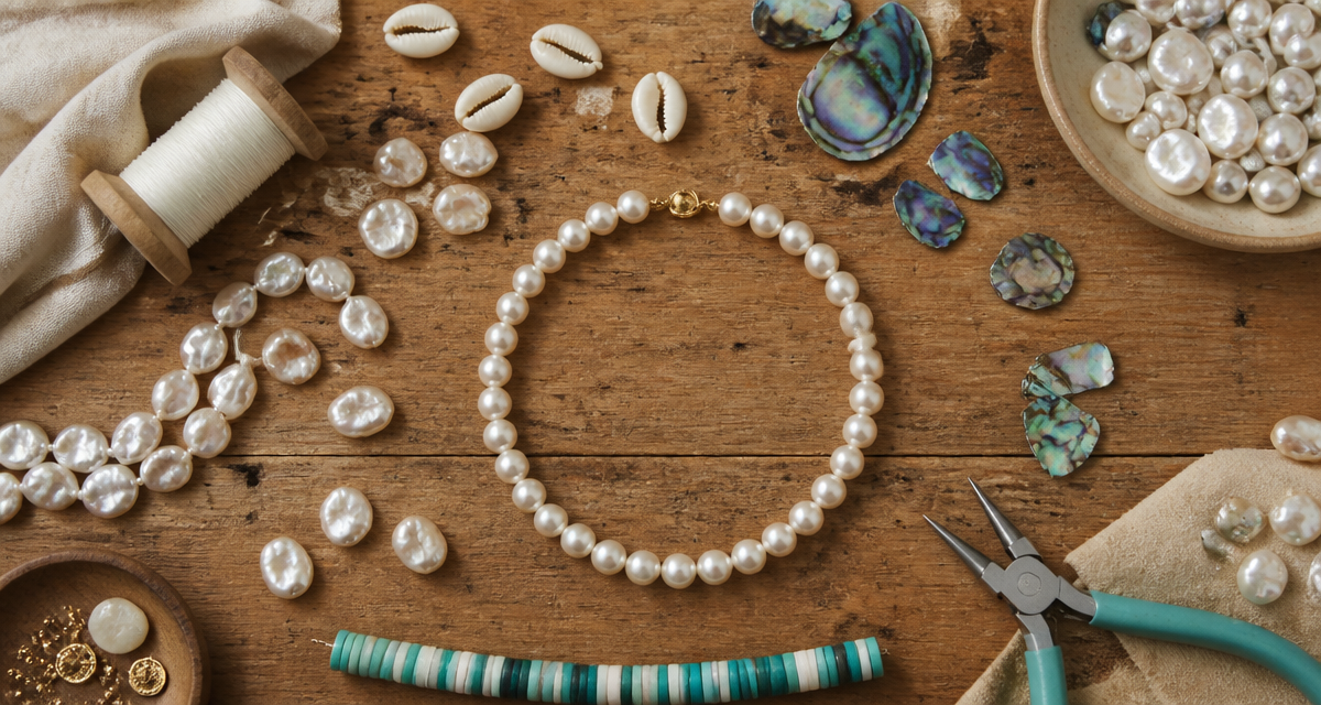 perle coquillage, collier et outils sur table