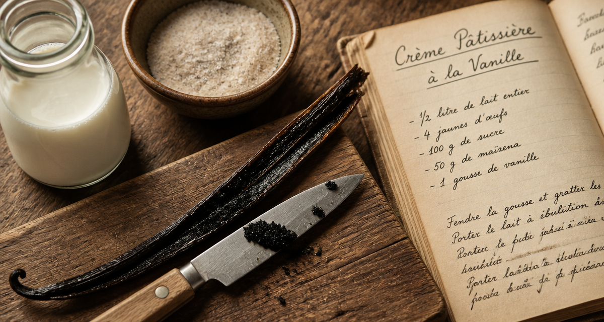 Pod of vanilla Bourbon fendue sur planche bois