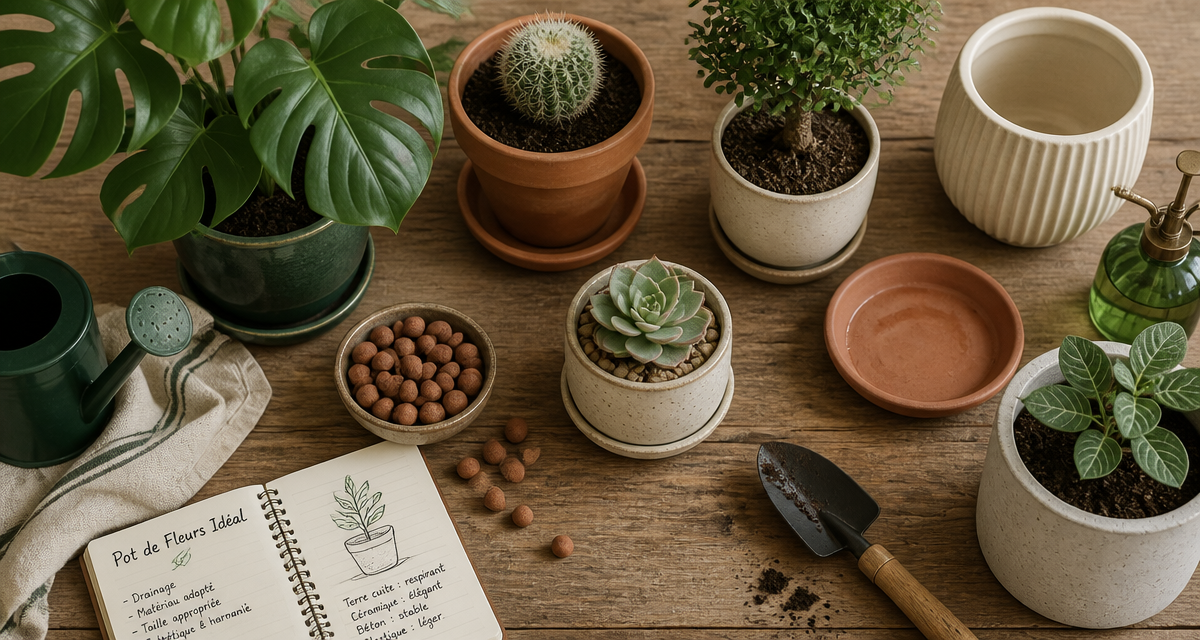 Pot de fleurs variés sur table en bois