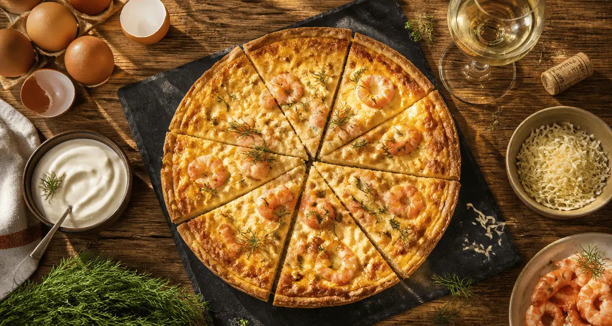 Quiches crevettes dorées sur ardoise avec ingrédients