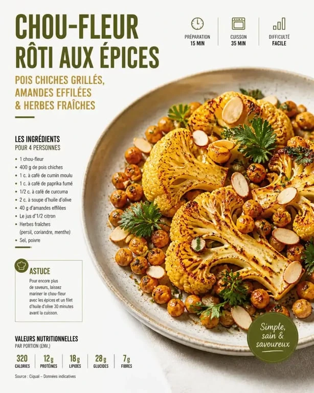 Assiette de chou-fleur rôti aux épices, un accompagnement savoureux et sain