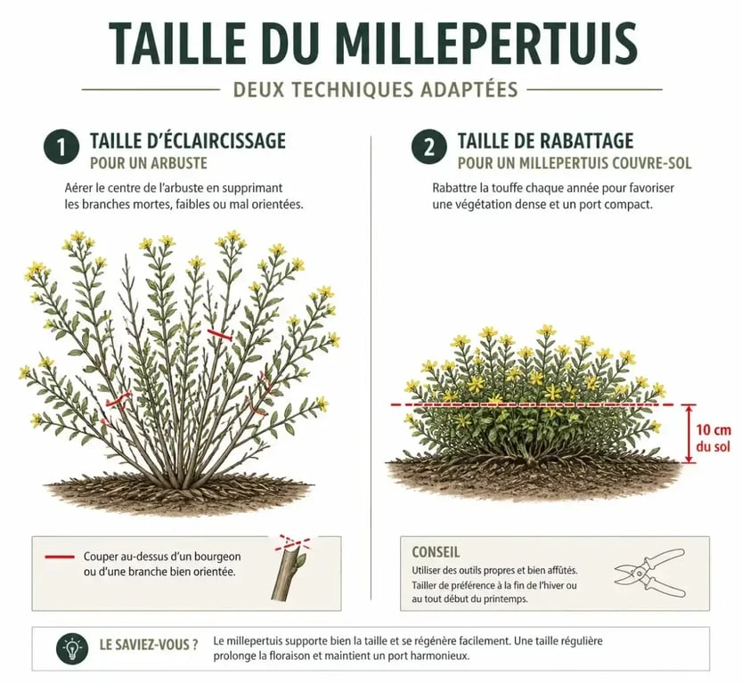 Schéma illustrant les techniques de taille du millepertuis arbustif et couvre-sol pour un entretien optimal.