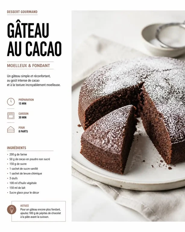 Gâteau au cacao moelleux fait maison, recette simple et rapide