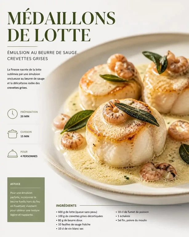 Recette de lotte raffinée : médaillons de lotte au beurre de sauge et crevettes