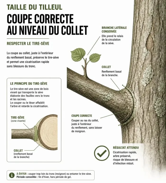Schéma technique de la taille des tilleuls montrant la coupe au collet et la règle du tire-sève