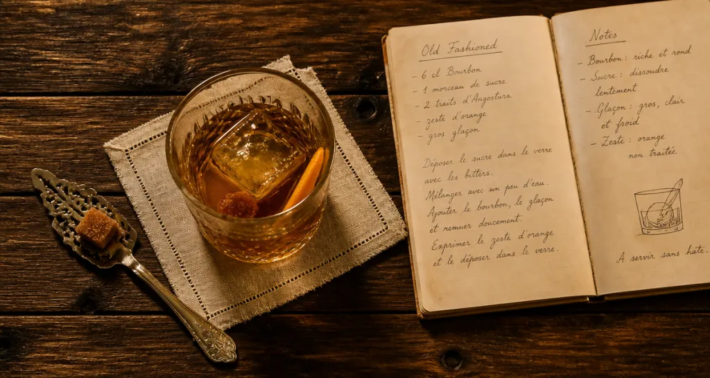 Morceau de sucre dans l'alcool avec glaçon et zeste d'orange
