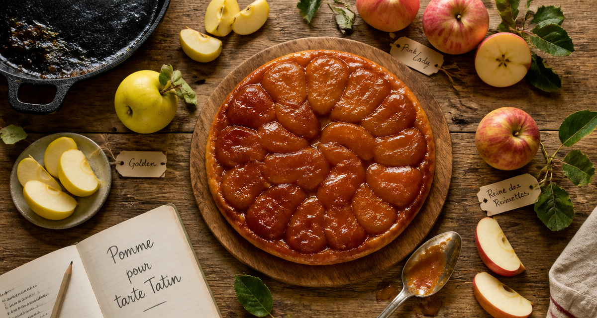 pomme tarte tatin vue dessus table rustique