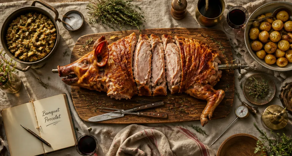 porcelet a la broche decoupe peau croustillante