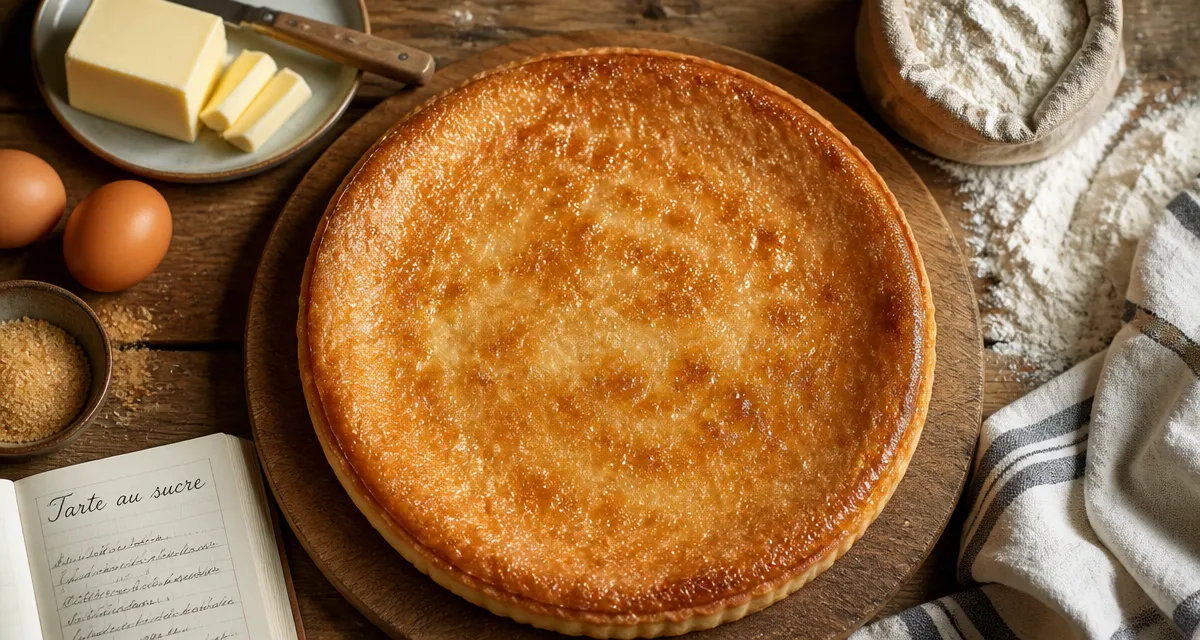 Tarte aux sucres du Nord dorée sur planche en bois