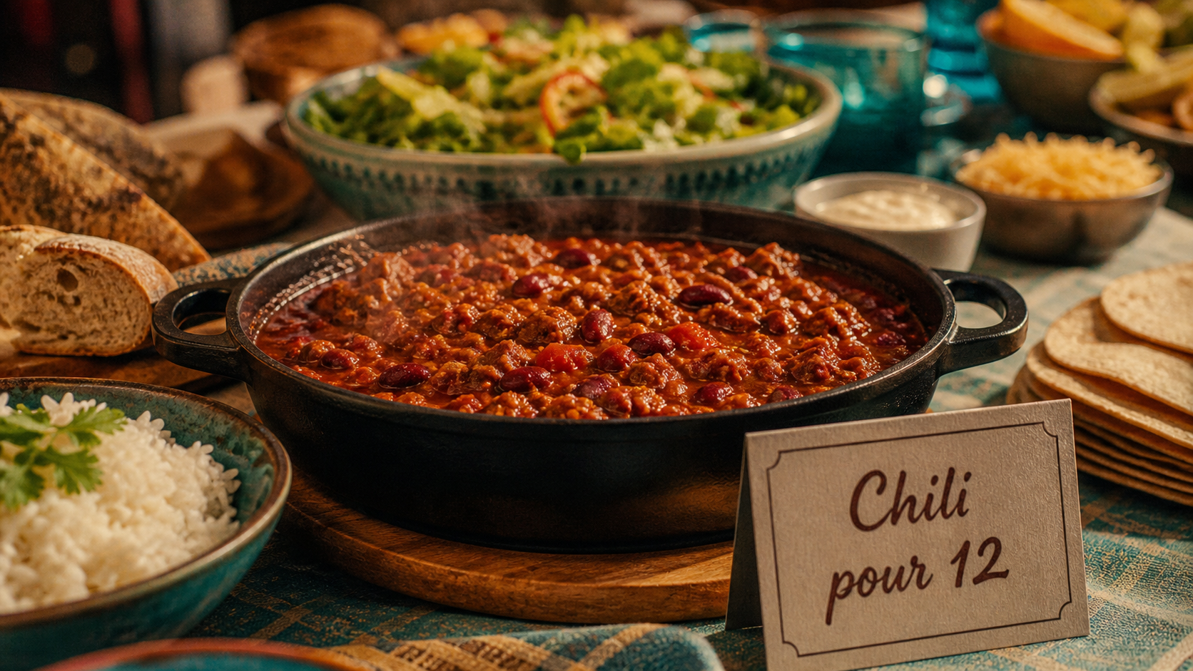 Chili con carne, plat unique pour 12 personnes, cocotte fumante