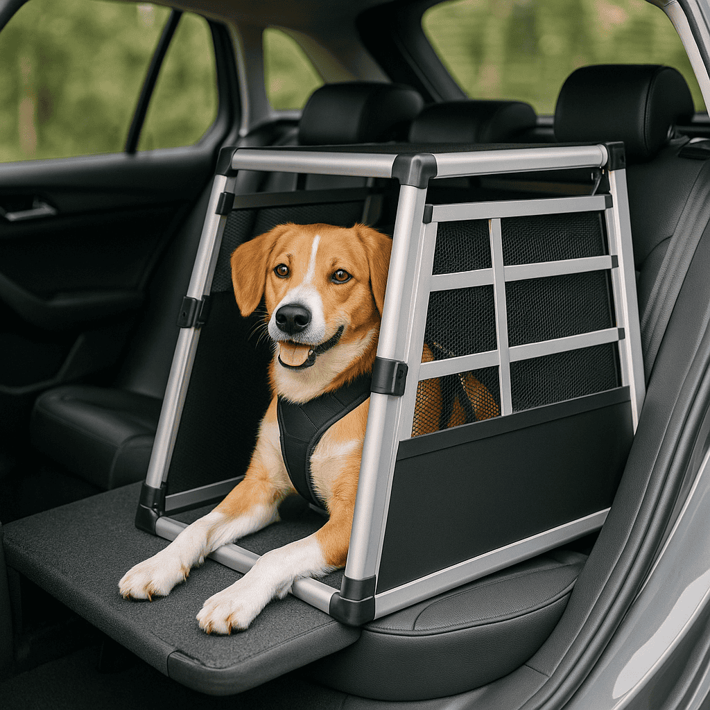 Hund in Transportbox im Auto