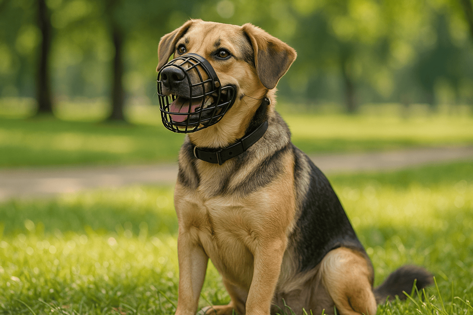 Hund mit Maulkorb im Park