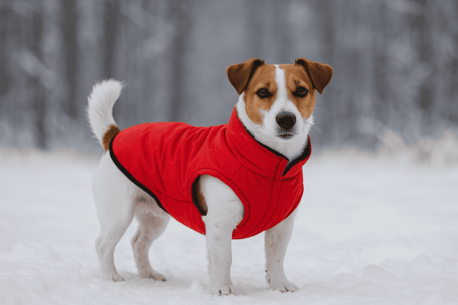 Hundebekleidung – Hund mit rotem Mantel im Schnee