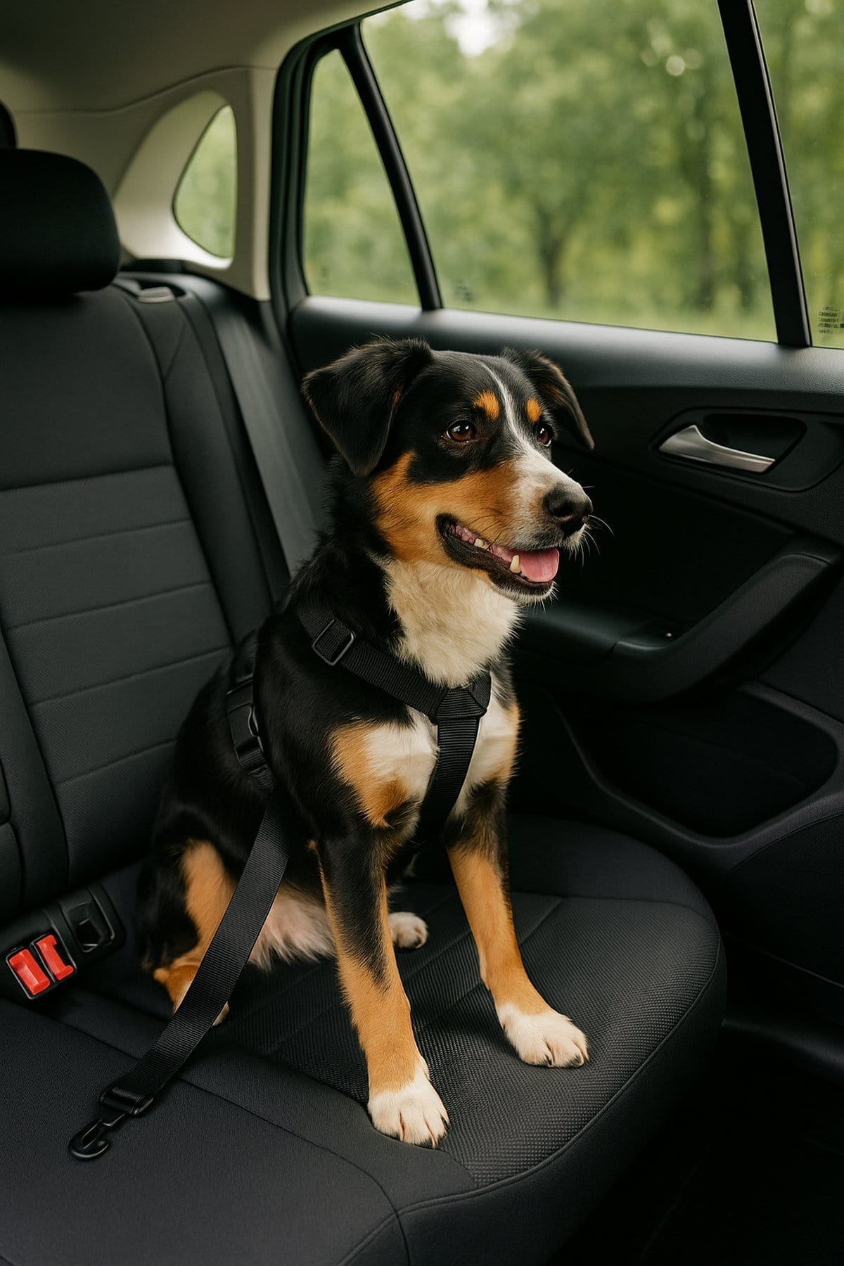Reisesicherheit für Hunde – gut geschützt unterwegs Hund mit Anschnallgurt gesichert auf dem Rücksitz eines Autos