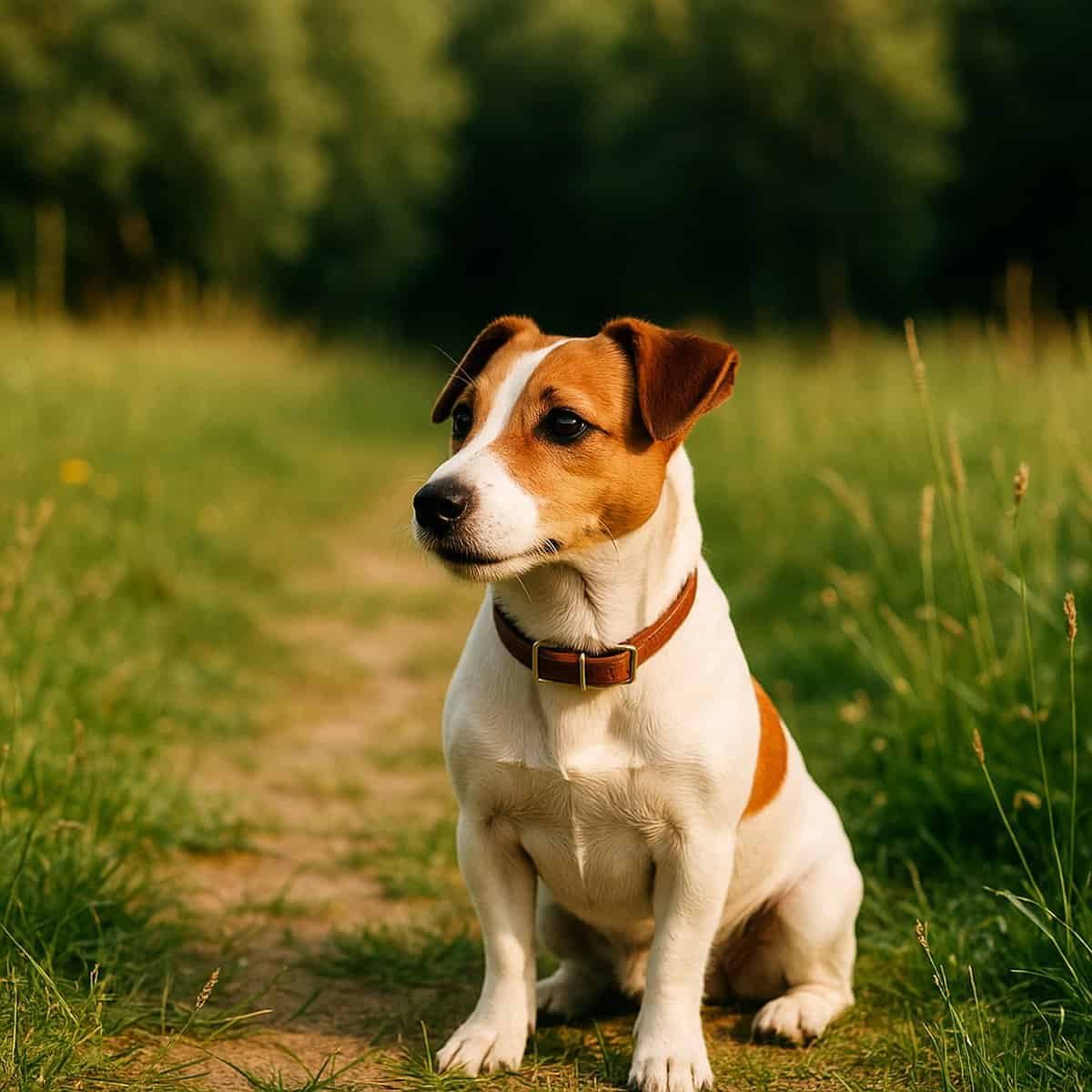 Jack Russell Terrier sitzt auf einer Sommerwiese – typischer Zeckenschutz-Einsatzort