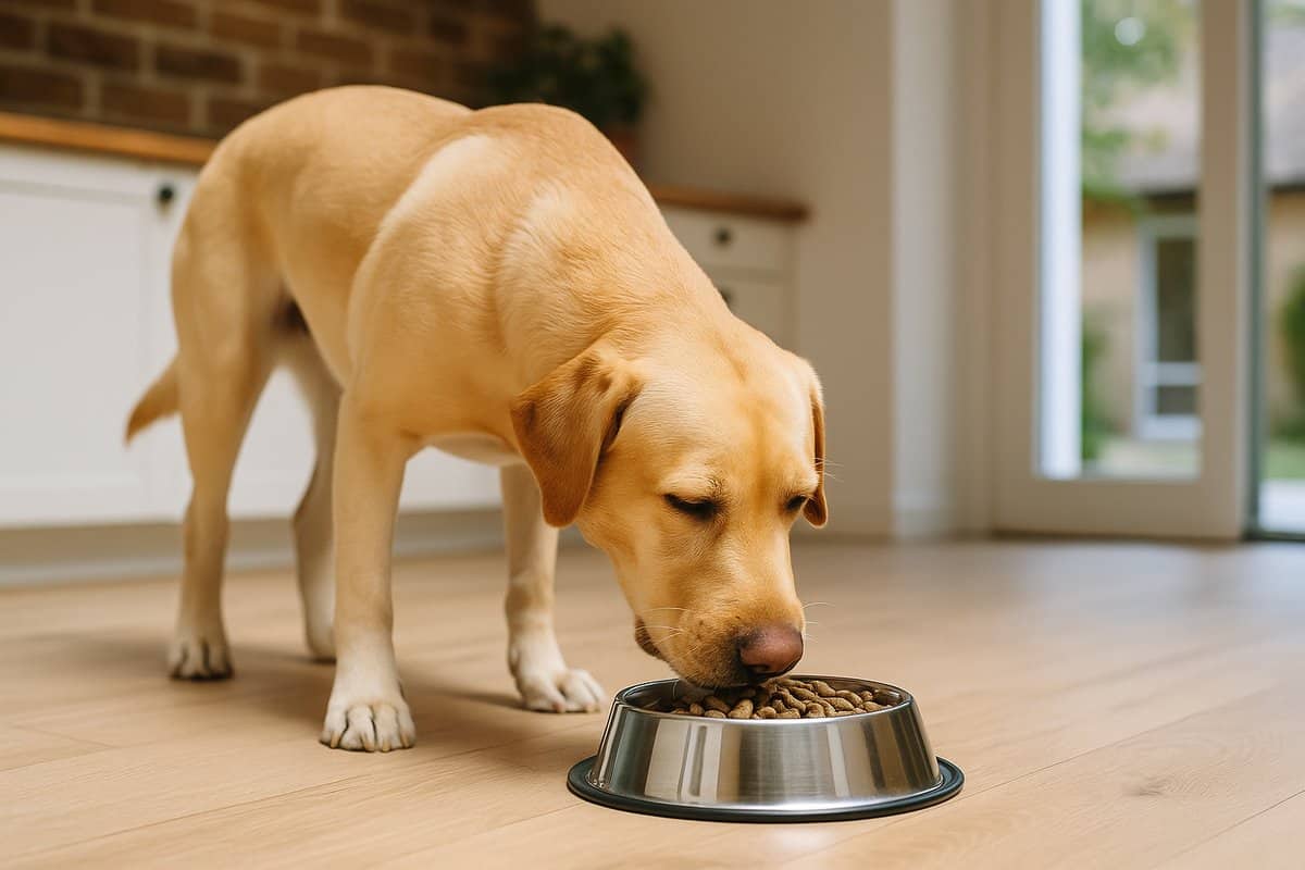 Hundefutter für gesunde Hundeernährung – Labrador am Napf Labrador frisst Trockenfutter aus Edelstahlnapf – hochwertiges Hundefutter