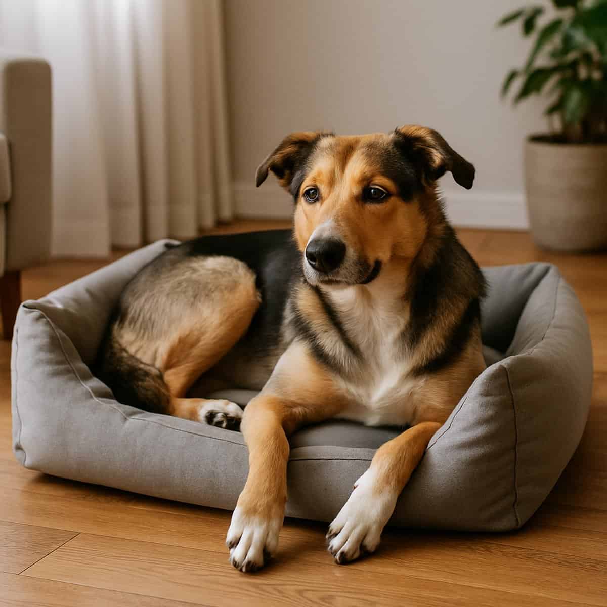 Komfortabler Schlafplatz für deinen Hund – stilvolle Hundebetten Mischlingshund entspannt im weichen Hundebett im Wohnzimmer