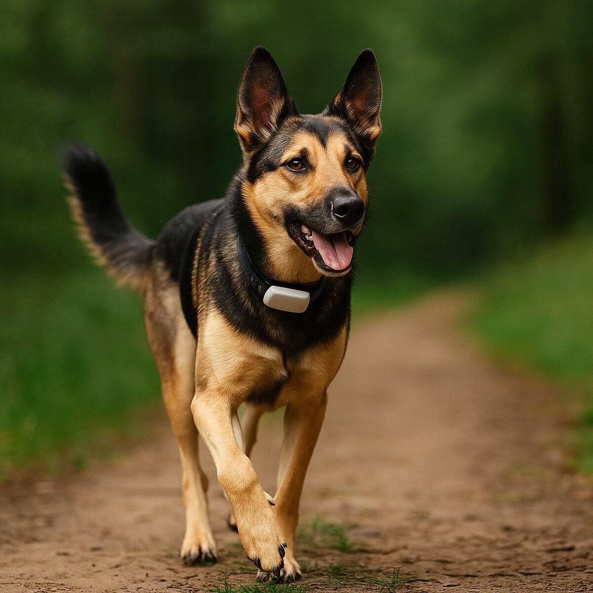 Schäferhund-Mischling mit GPS-Tracker beim Spaziergang auf einem Waldweg