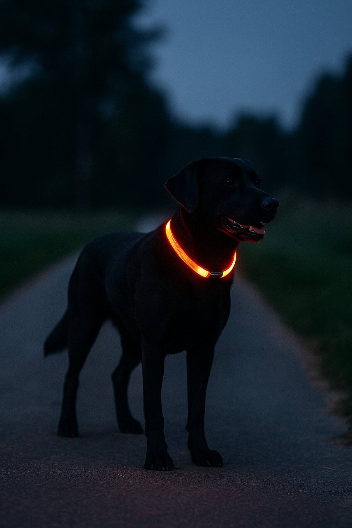 Hundebeleuchtung für Sichtbarkeit und Sicherheit bei Dunkelheit Schwarzer Labrador mit rotem LED-Halsband auf nächtlichem Spazierweg
