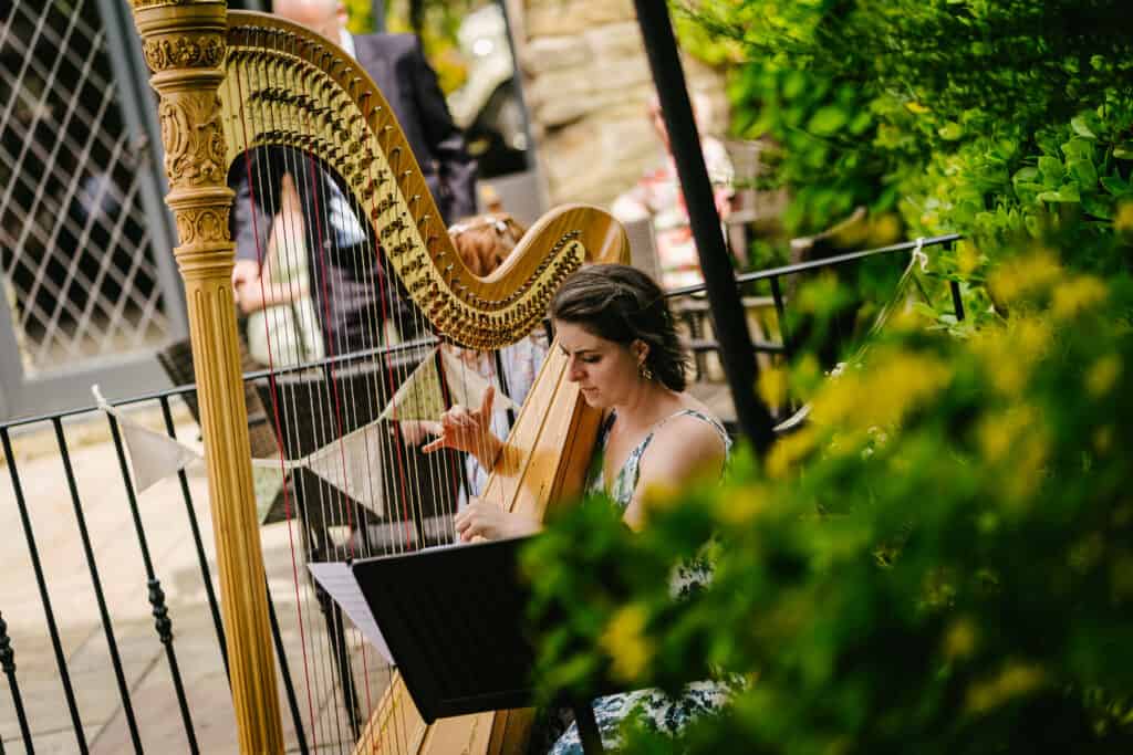 Harpist playing music outdoors at Hyde Bank Farm