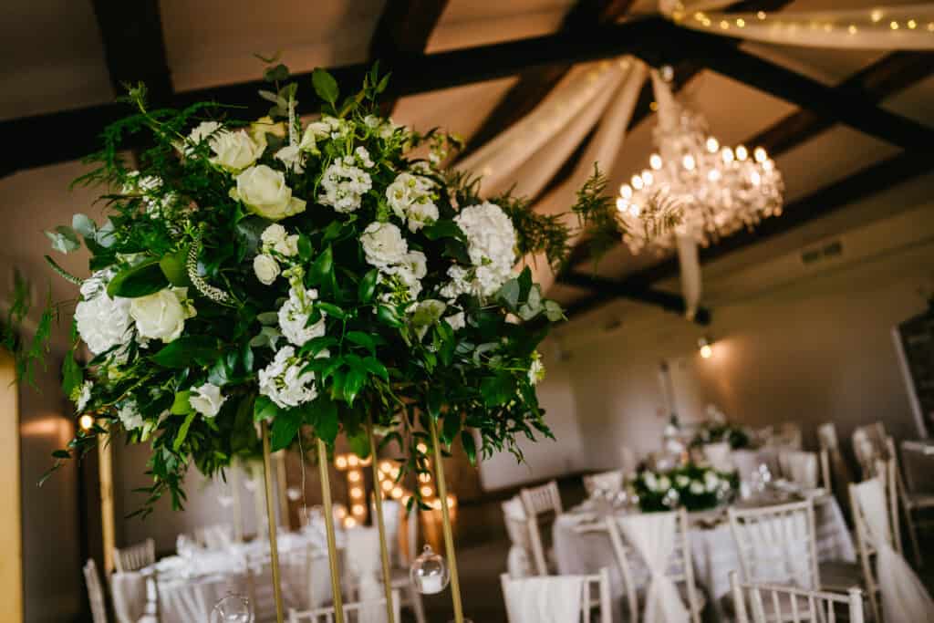 Wedding breakfast set up in the reception barn