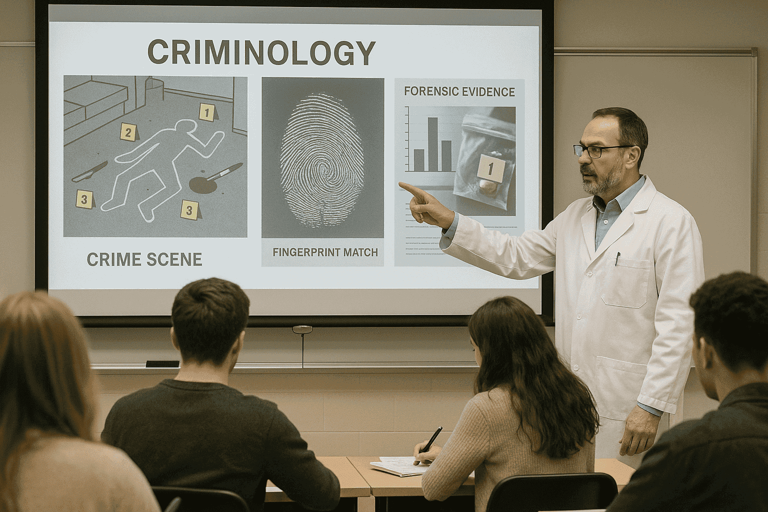Policía forense explicando técnicas de criminología y evidencia digital en aula de formación de justicia criminal.