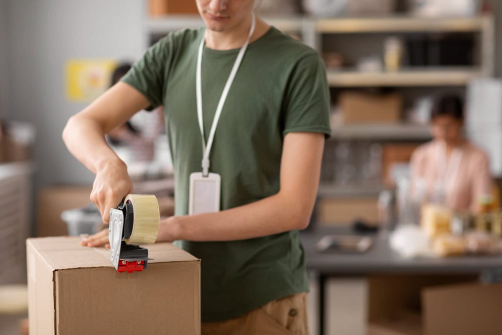 Person seals a cardboard box with packing tape in a busy workspace, using a tape dispenser on a box lid