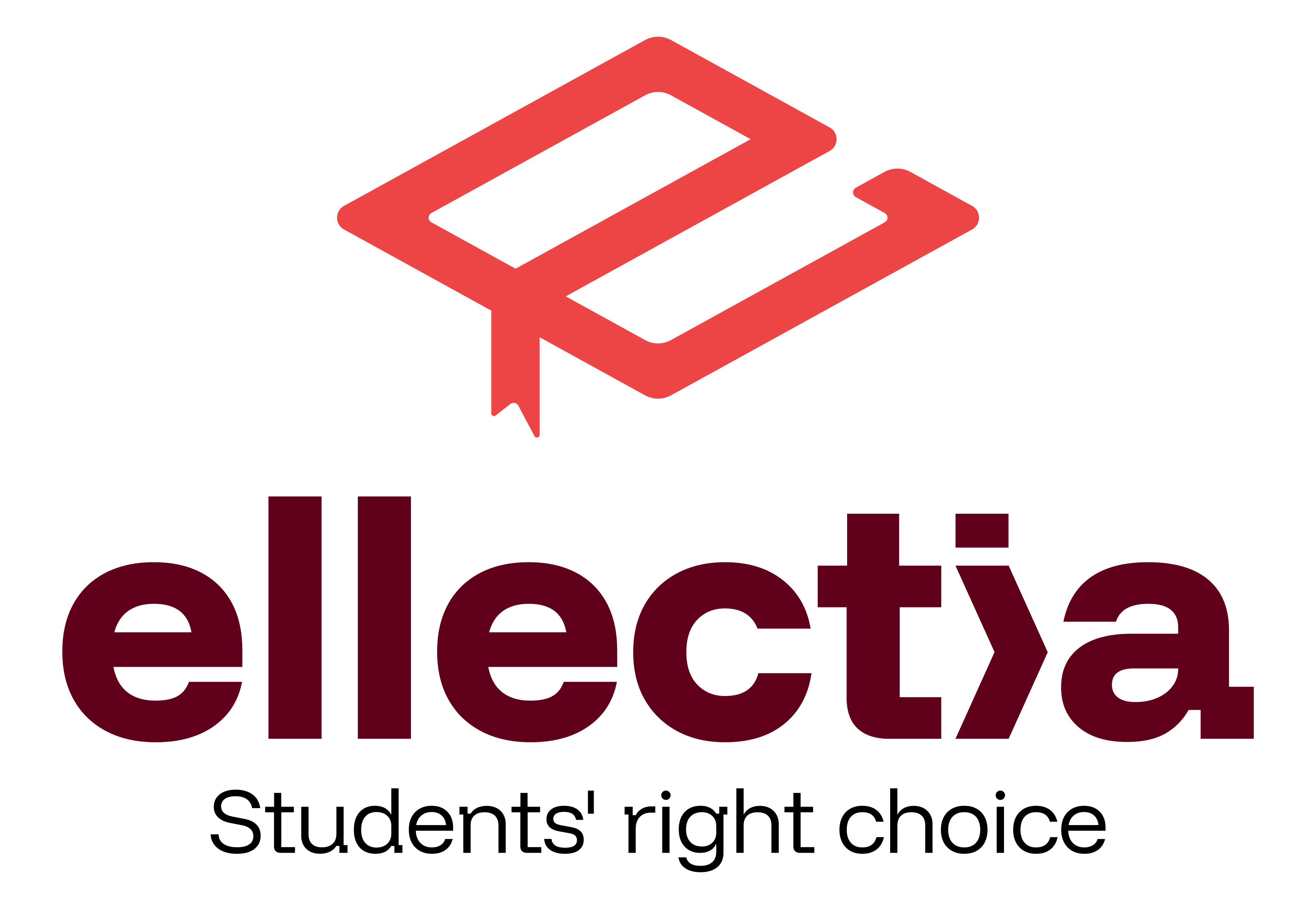 Red logo with abstract bookmark shape above the words "Students' right choice" in large maroon type.