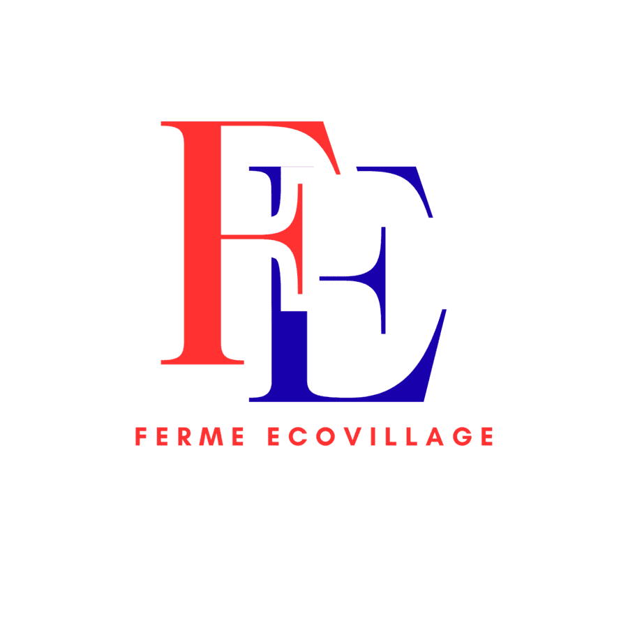 Logo with red 'F' and blue 'E' interlocking, and 'FERME ECOVILLAGE' in red text below.