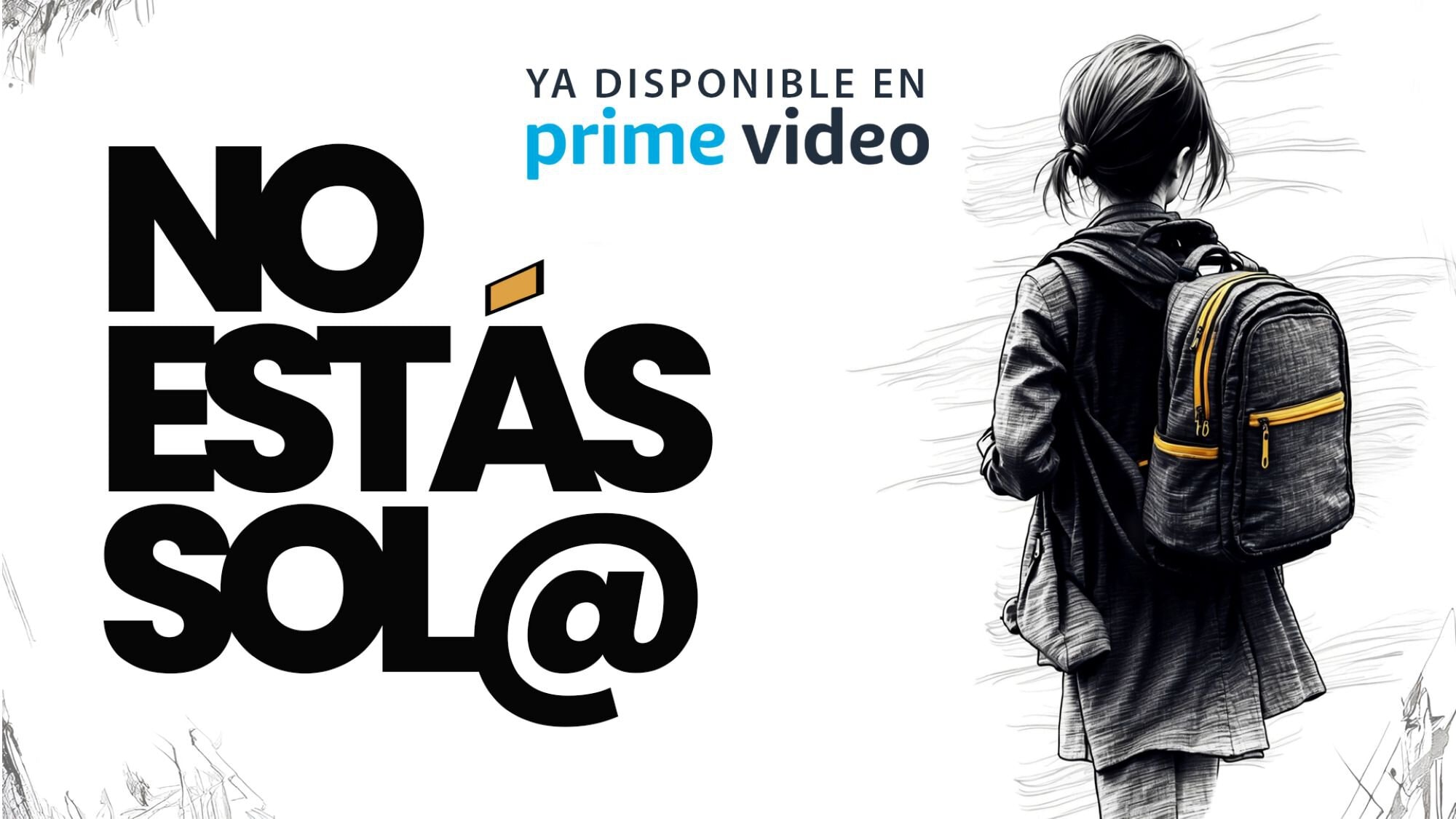 Promotional banner: person with a backpack on the right and bold 'NO EXISTAS SOLO' text on the left; 'YA DISPONIBLE EN prime video' above.