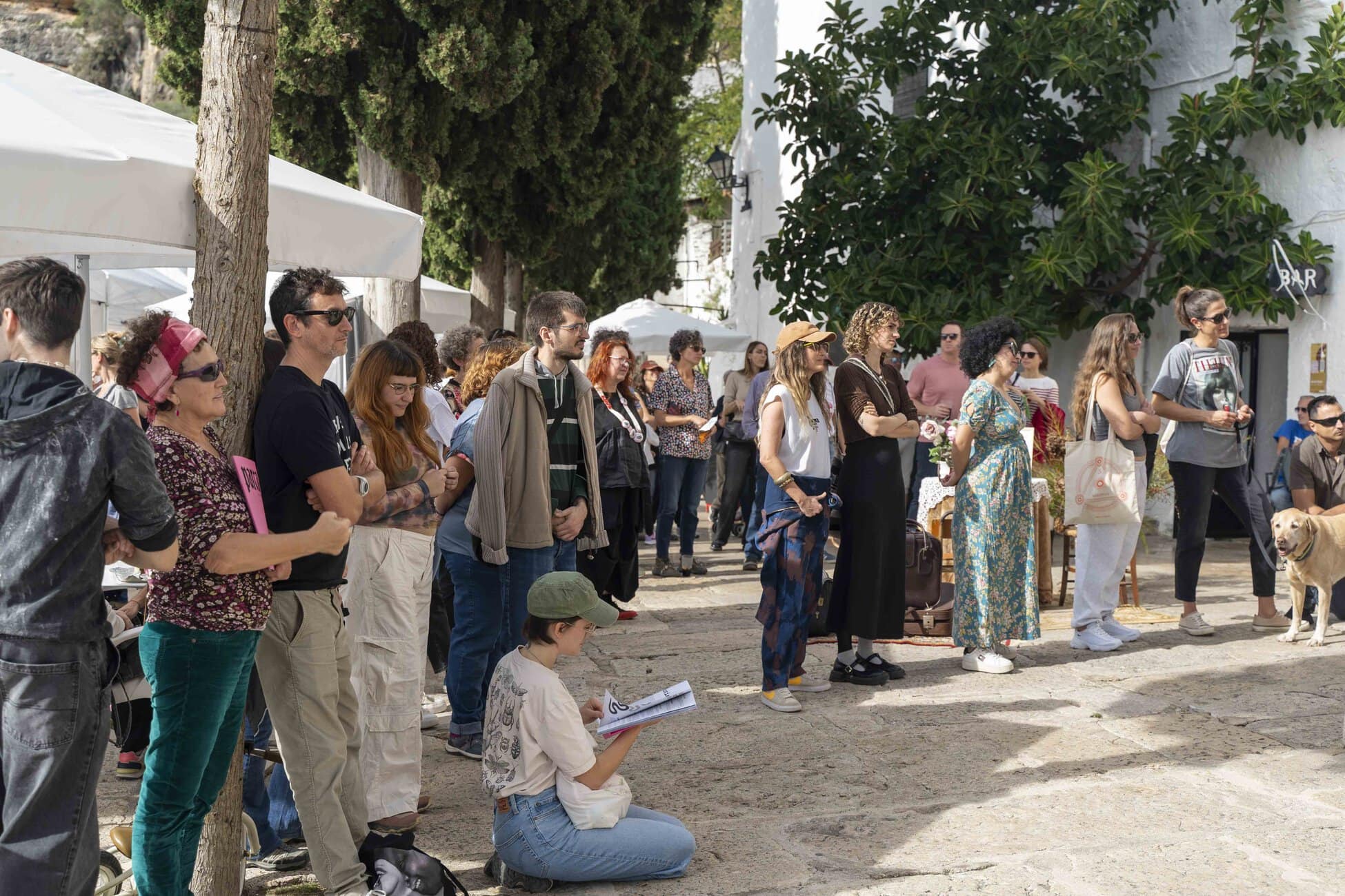 Crowd of adults standing in a sunlit outdoor event with white tents and green trees behind.