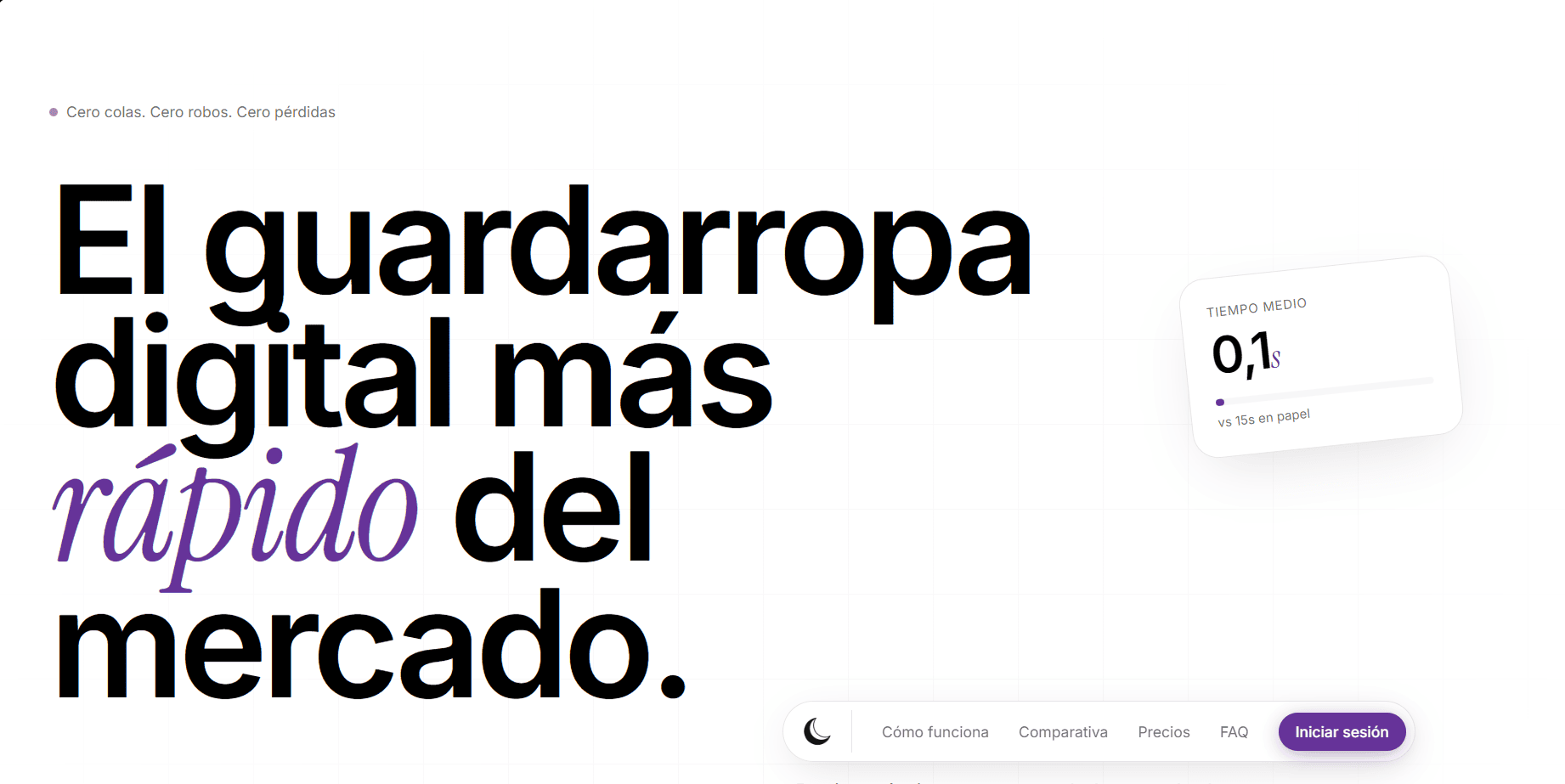 Titular grande en español: 'El guardarropa digital más rápido del mercado', con 'rápido' en morado y una tarjeta flotante de tiempo a la derecha.
