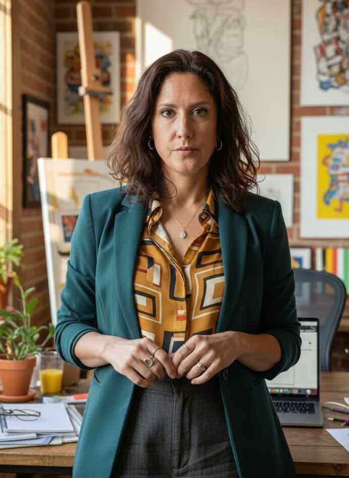 Professional woman standing in an art-filled office with paintings on the brick wall behind her