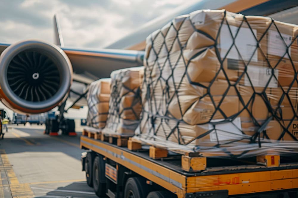 Airplane on a tarmac with a palletized cargo load secured on a yellow trailer beside the jet engine.