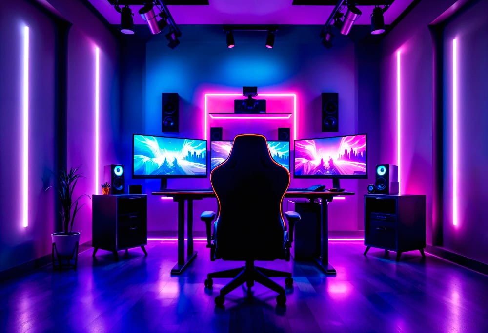 Dim gaming room with neon purple lighting, a high-backed chair, and a triple-monitor desk setup with speakers and a plant nearby.