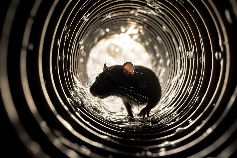 Mouse standing inside a reflective metal spiral tunnel, with droplets and backlit opening behind it.