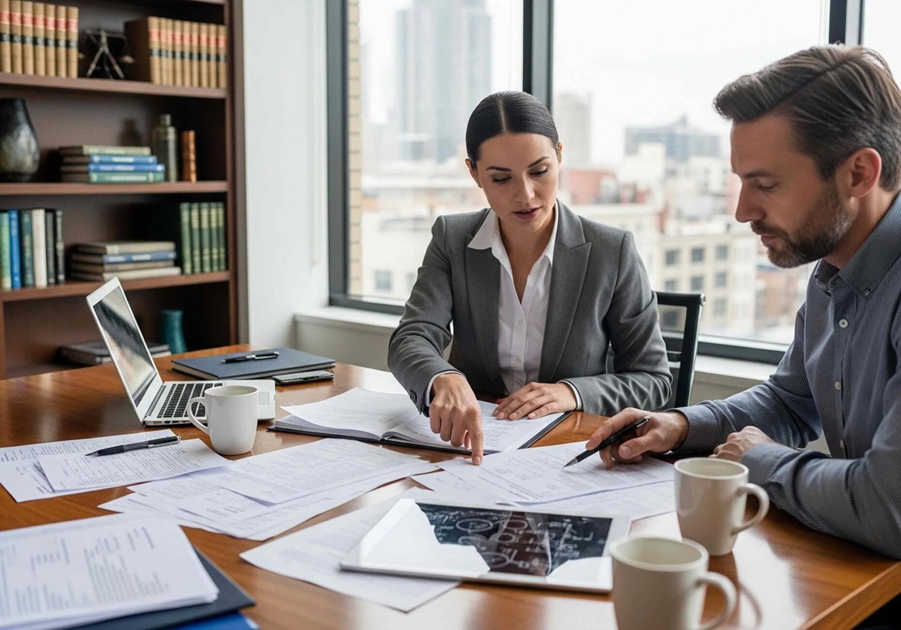 Two business professionals review documents at a wooden desk, with a laptop and coffee mugs nearby in a bright office by a window.