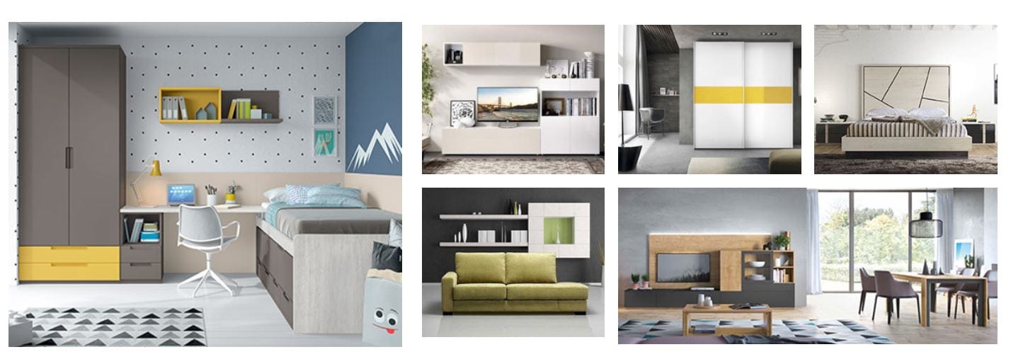 Modern kids' bedroom with a study desk, yellow accents, polka-dotted wall, and built-in storage.