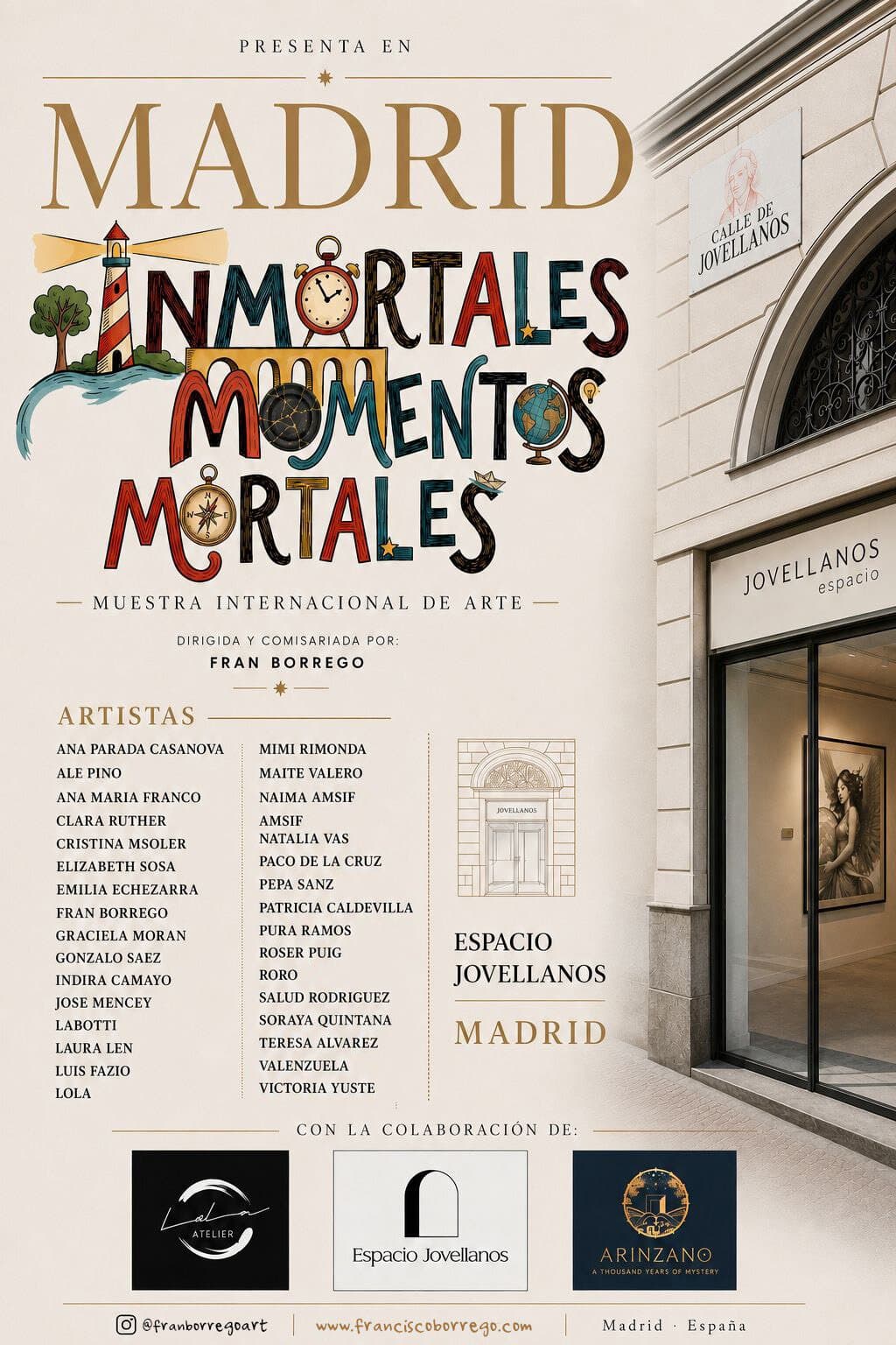 Poster announcing a Madrid art exhibition titled 'Inmortales Momentos Mortales' with colorful letters and playful icons on a building facade.