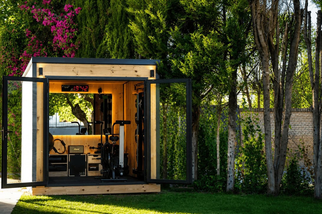 Small wooden shed converted into a home gym, with open glass doors and exercise equipment inside, set in a sunny backyard with trees nearby.