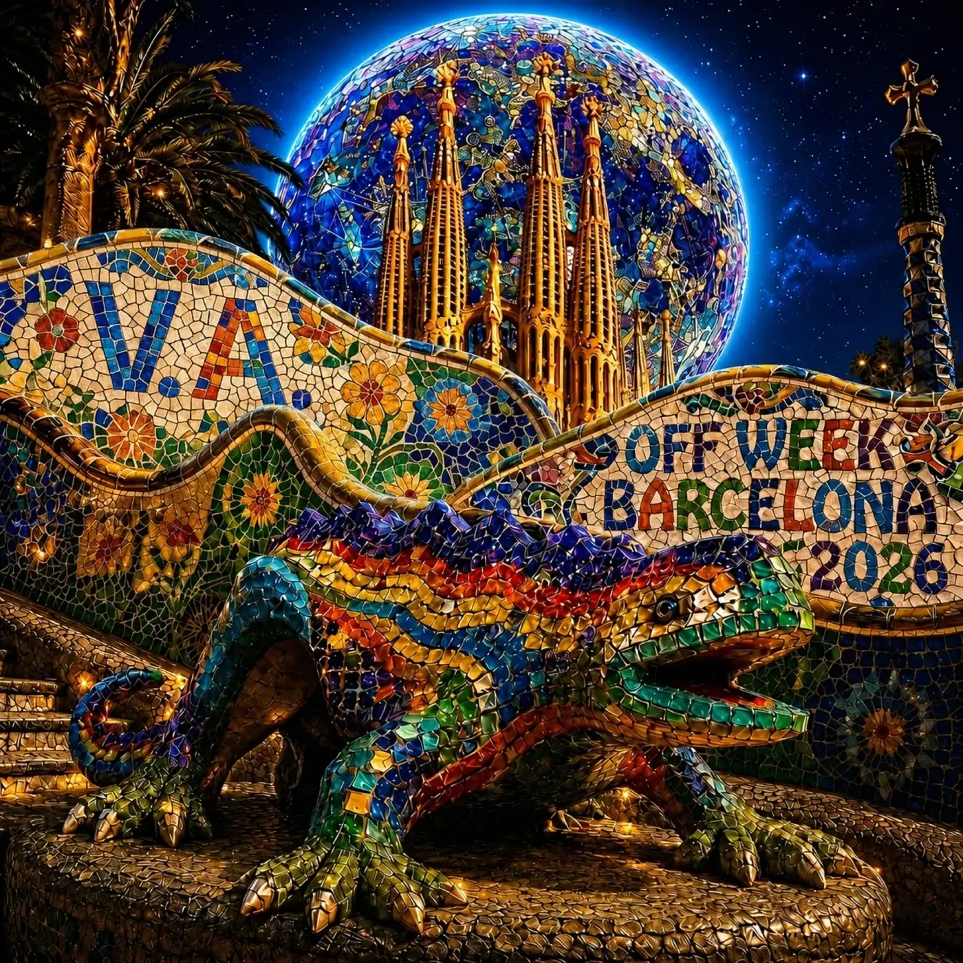 Colorful Gaudí mosaic dragon in Park Güell with the Sagrada Família spires in the background at night, Barcelona 2026 sign partially visible.
