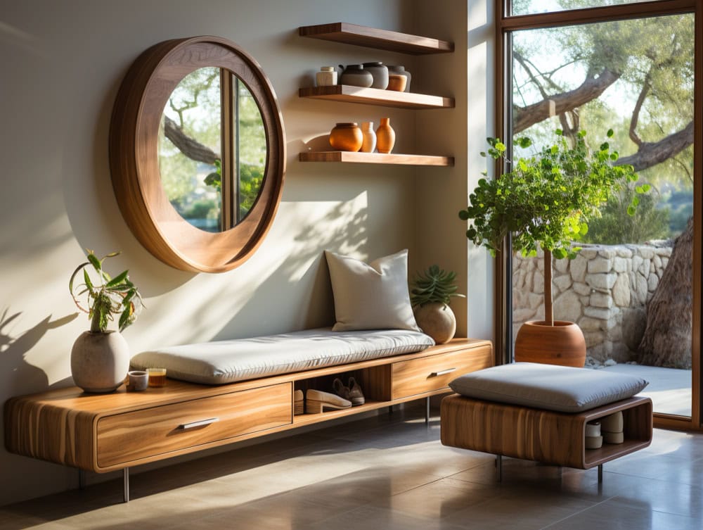 Wooden built-in bench with cushions and open storage, next to large glass doors showing greenery outside.