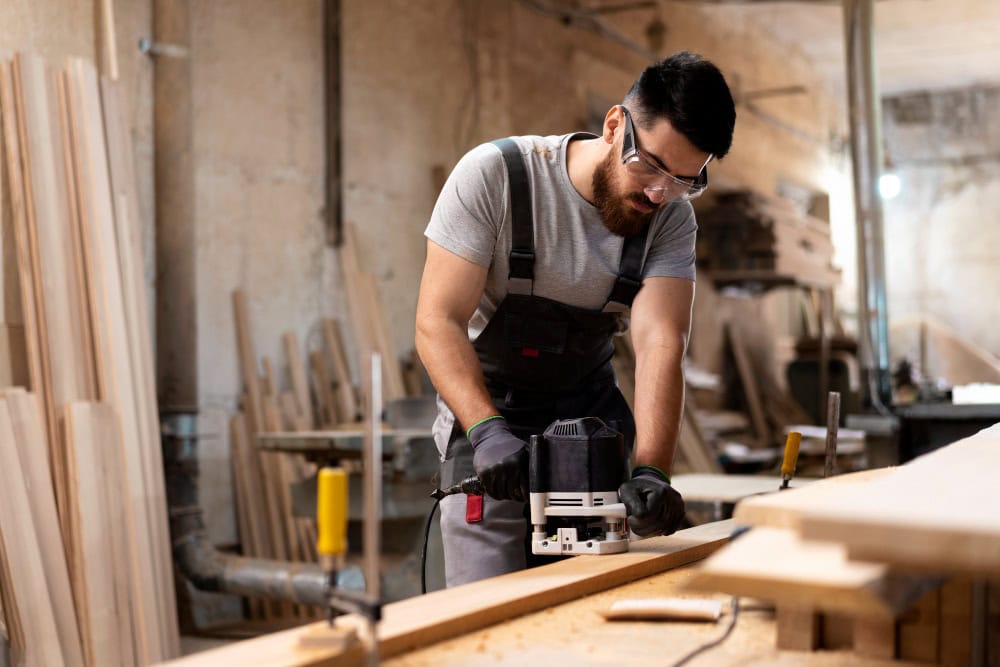 Man wearing safety glasses and gloves runs a handheld router over a wooden plank in a cluttered workshop.