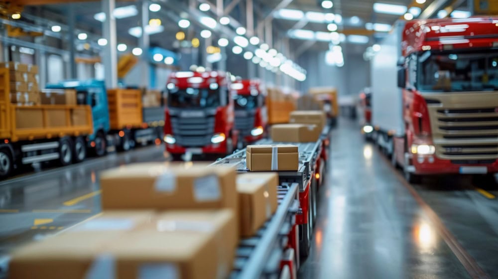 Busy warehouse with red delivery trucks and a conveyor belt carrying cardboard boxes across the loading area.