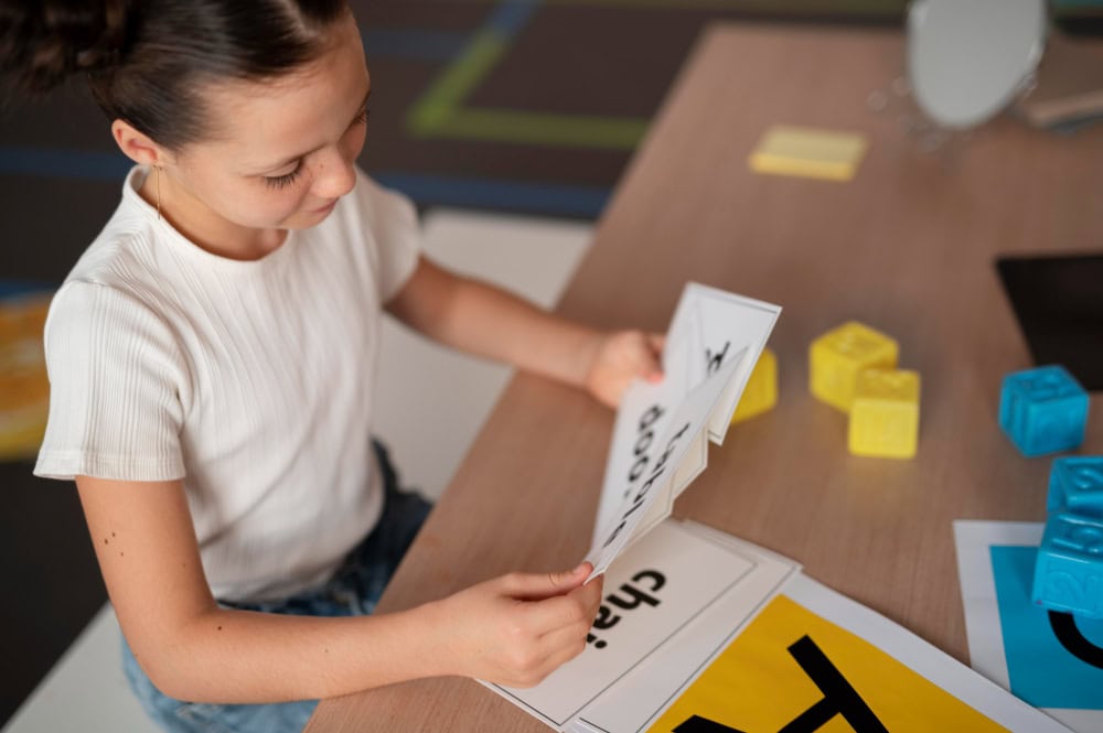 Girl sitting at a table flipping through flashcards with words, colorful foam blocks nearby on the desk.