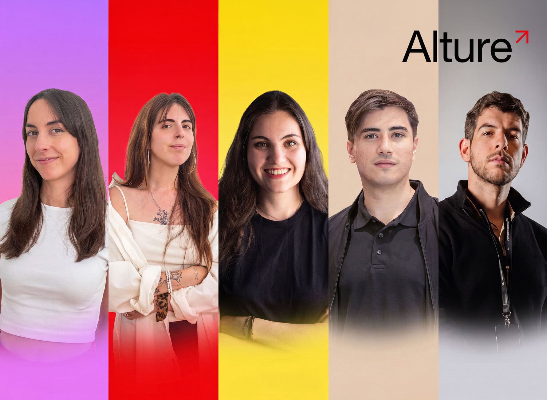 Group of five diverse adults posed in front of vertical color panels with the Alture logo in the top-right corner.